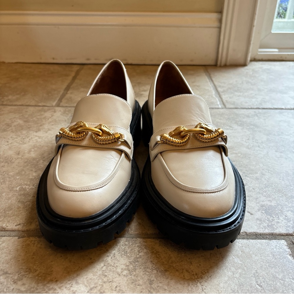 TORY BURCH JESSA LOAFER LUG SOLE NEW CREAM LEATHER EQUESTRIAN HARDWARE SZ 10.5US